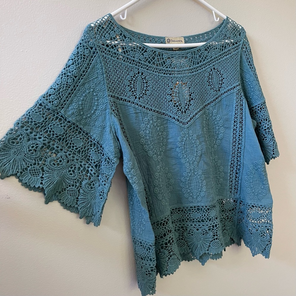 Democracy Green/Blue Crochet Cotton Boho Blouse Top Sz S - Picture 3 of 10